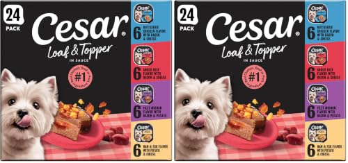Image of Cesar Loaf in Sauce Wet Dog Food Rotisserie Chicken,Filet Mignon,Angus Beef,and Ham & Egg Flavors Variety Pack,Wet Food for Dogs,3.5 oz Easy Peel Trays,24 Count (Pack of 2)