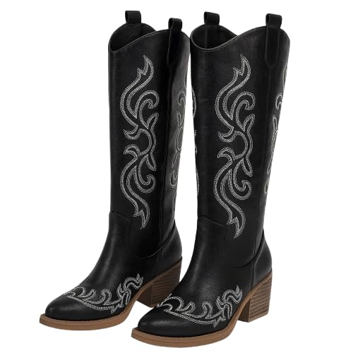 Cowboy Boots for Women Western Cowgirl Boot with Pointed Toe Chunky Heel Vintage Leather Women Boots for Fall