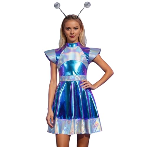 Robe de fête métallique : le costume alien femme confortable qui ne perd pas ses paillettes