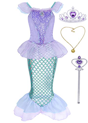 HenzWorld Mermaid Costume Little Girls Dresses Princess Cosplay Birthday Party Ruffle Cap Sleeve Fish Scale Tail Skirt Outfits Necklace Accessories Kids Children 7-8 Years