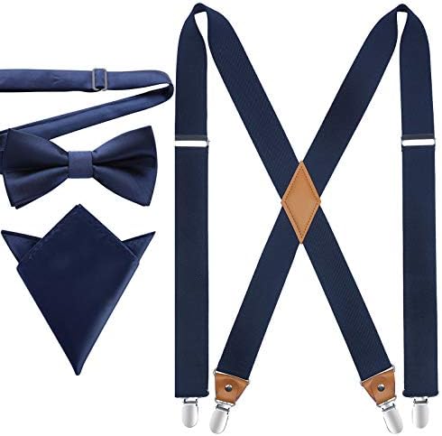 HISDERN Braces for Men Trousers with Very Strong 4 Clips Heavy Duty Braces X Style Adjustable Suspenders with Pre-tied Bow Tie Pocket Square Set
