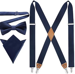 HISDERN Braces for Men Trousers with Very Strong 4 Clips Heavy Duty Braces X Style Adjustable Suspenders with Pre-tied Bow Tie Pocket Square Set