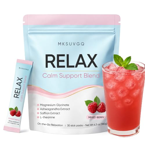 MKSUVGQ Relax Calming Drink Mix Adaptogenic Stress Relief & Relaxation Powder with Ashwagandha & L-Theanine | Mixed Berry Flavors No Sugar 30 Stick Packs