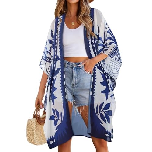 Womens Swimsuit Coverups Summer Loose Cardigans for Swimwear Lightweight Beach Kimono(Blue Boho Pattern,S)