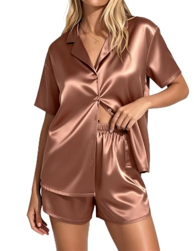 Image of Ekouaer Womens Satin Pajama Set Short Sleeve Button Down Sleepwear 2 Piece Silky Pj Set Soft Loungewear for Ladies