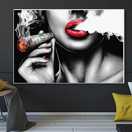 Tableau femme lèvres rouges vintage 50x90 cm avec cadre intérieur pour déco salon LSYALUCK
