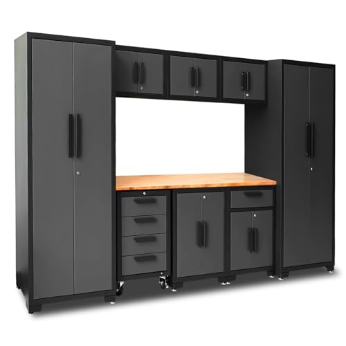 Torin APK112B Garage Storage System: Heavy-Duty 9-Piece Cabinet Set with Worktop, Adjustable Shelves, and Secure Lockable Doors, Black/Grey