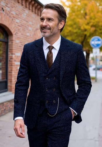 Men's Herringbone 3-Piece Suit Double-Breasted Business Casual Tuxedos Tweed Suit for Wedding2