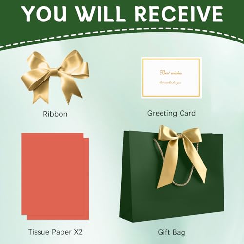 Image of JMANNI Gift Bags with Handles, 13 inch Medium Gift Bag for Presents, 1 Pcs Bags with 2 Tissue Paper and 1 Cards for Baby Shower Wedding Bridal Shower Mother's Day Birthday Party (DarkGreen)