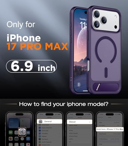 Image of Designed for iPhone 17 Pro Max Case, [Built-in Invisible Kickstand][Compatible with MagSafe][Military Grade Shockproof] Slim Translucent Matte Phone Case 6.9 inch (Purple)
