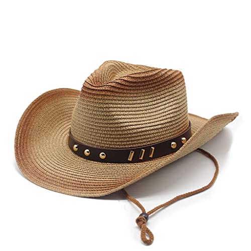 Czdyuf Summer Western Cowboy Hat With Chin Strap Men Women Cycling Sunhat Sombrero Uv Protection Cowgirl Jazz Beach Cap (Color : C, Size : 56 * 58Cm) #TOP3