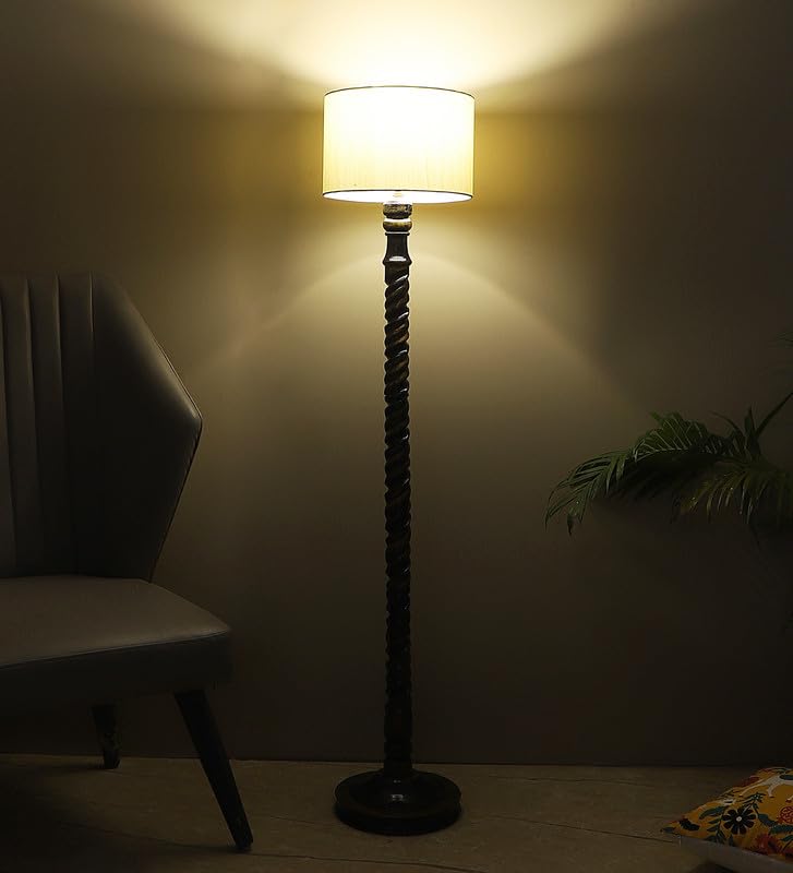 Image of tu casa Mango Wooden Floor Lamps with Spiral Base & Beige Jute Shade for Home Decor, Bedrooms Corner, Living Room, Gifting, Diwali Decoration, Hall, Office (Height: - 56 inch) - Bulb not Included