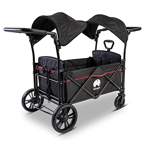 elvent® FamilyStar City Bollerwagen - faltbar mit Dach | Sitzpolster, Hecktasche, Feststellbremse, PU-Reifen, 5-Punkt-Gurt I 2 Kinder (Schwarz) Cover