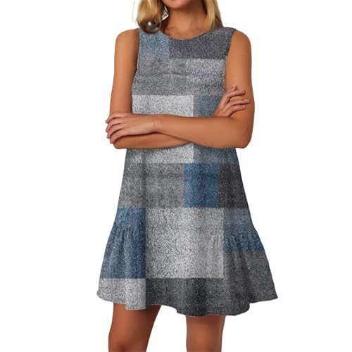 CHRATLHI Mini Dresses for Women,Todays Daily Deals Casual Floral Round Neck Ruffle Tank Dress Summer Boho Sundresses with Pocket A-Line Sleeveless Hawaiian Dress Beach Vacation Clothes Royal Blue L