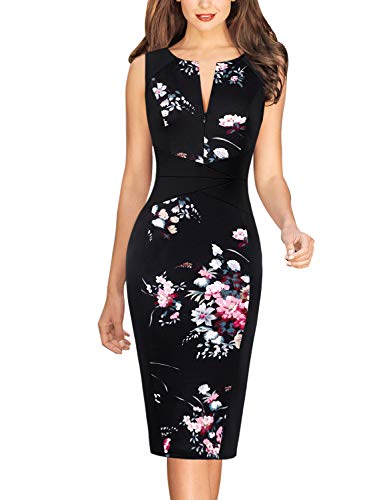 VFSHOW Womens Black Floral Print Summer Elegant Slim Zipper Up Work Business Office Party Bodycon Pencil Sheath Dress 5366 BLK L