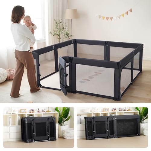 Extra Large Playpen for Toddlers with Baby Door - 79x71 Inch, Adjustable Playard with Non-Slip Suction Cups, Indoor/Outdoor, Black