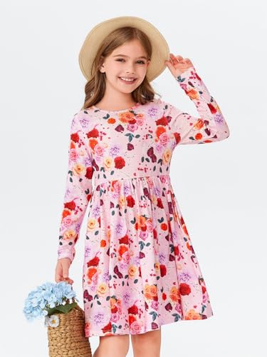 Haloumoning Girls Floral Long Sleeve Dresses Kids Flowy Skater Twirly A-line Dress with Pockets 7-14 Years2