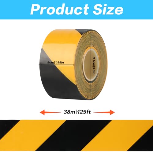 2 inch x 125 ft Black and Yellow Hazard Tape, Warning Caution Tapes, Yellow and Black Warning Safety Tape for Floor Marking, Stripe Adhesive Barricade Tape Roll for Walls Floors Construction Tape