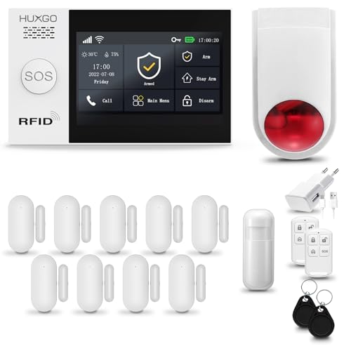 HUXGO® HXA007 Funk Alarmanlage Set WiFi + GSM mit Alarmsirene | Alarm System mit Bewegungsmelder, 9X Fensteralarm/Türsensoren | Alarmanlage fürs Haus, Wohnung, Wohnmobil | Smart Home