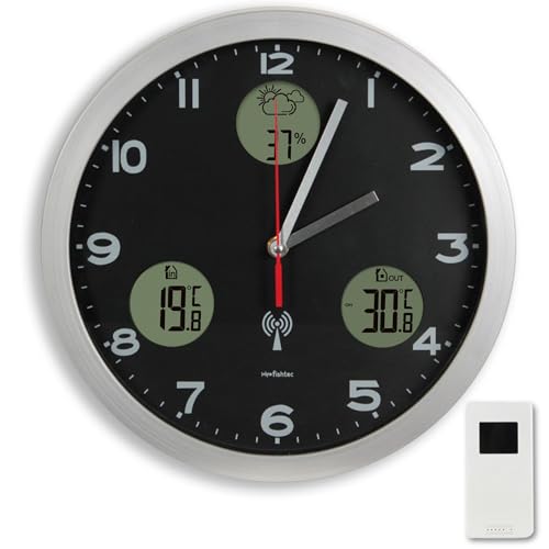 Orologio da Parete Stazione Meteorologica - Visualizzazione digitale : Previsioni + Temperature interna/esterna + Igrometro interno - Radiopilotato - Sensore termometro esterno - Ø 30 cm
