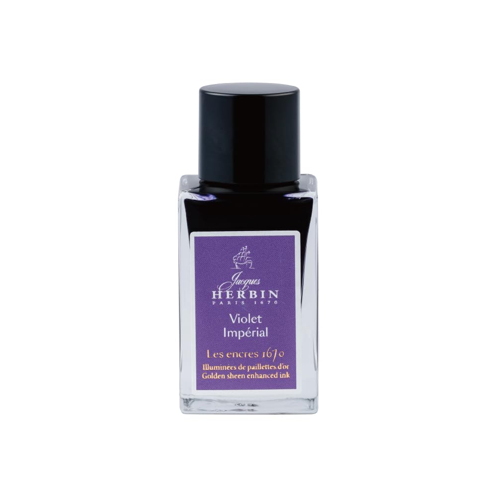 Jacques Herbin 16076JT - A Bottle of Gold Glitter Ink for Fountain pens, rollerballs, Glass nibs and Pen-Holders 15 ml, Violet Imperial/Imperial Violet