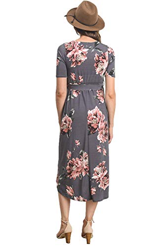Women's Maternity Wrap Dress Midi Length With Waist Belt (Grey,M) #TOP2