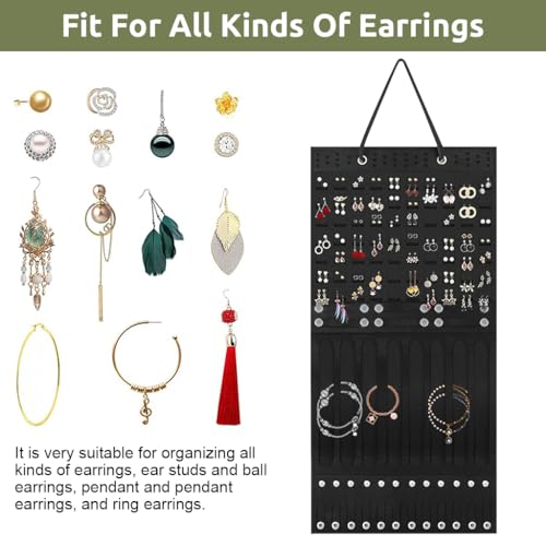 Image of HASTHIP Wall Hanging Jewellery Organizer Women, Large Necklaces Earrings Organizer Box Hanger, Soft Felt Bracelets Earrings Storage Holder Display Board Jewelry, Ear Studs, Hair Clips, Black