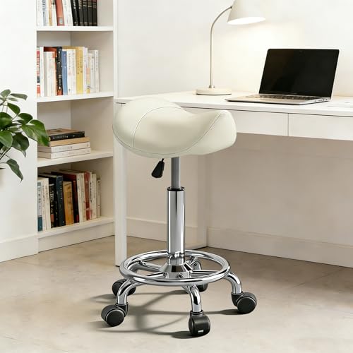 Image of Saddle Stool Adjustable Height Ergonomic Swivel Chair | PU Leather Saddle Seat without Back and Ring Pedal for Salon, Spa, Medical, Massage & Drafting Use White