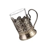 Lodoot Combinación de 2 vasos de té rusos con soportes de cristal de metal Podstakannik para líquidos fríos o calientes