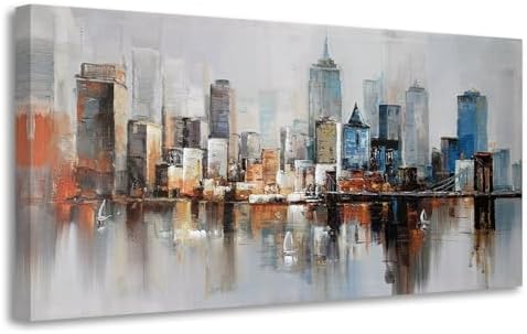 Canvas Wall Art Prints Modern Abstract Cityscape Brooklyn Bridge Painting Stretched and Framed Modern Colorful New York Skyline Buildings Picture for Home Office Decor 40"x20", Original Design