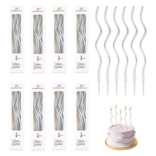 48 Velas de Cumpleaños Plateado en Espiral, Velas Largas para Tartas y Cupcakes, Velas Plateado Ideal para Celebraciones de Cumpleaños, Aniversarios de Boda y Más, Elegantes y Brillantes