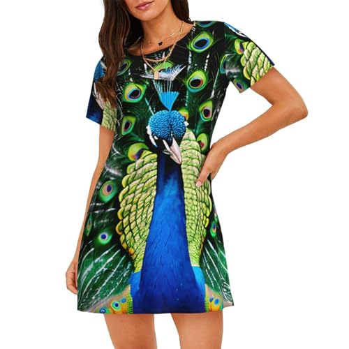 Chemise de nuit légère manches courtes femme imprimé paon fluide