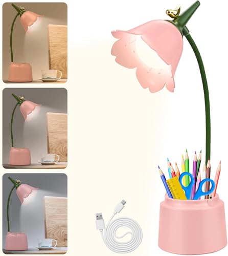 Schreibtischlampe Kinder mit Stifthalter, Dimmbare LED Nachttischlampe 3 Farbtemperaturen, Tischlampe mit 360° Flexibel Arm Schwanenhal, Wiederaufladbare Schreibtischlampe für Lesen, Lernen (PINK)