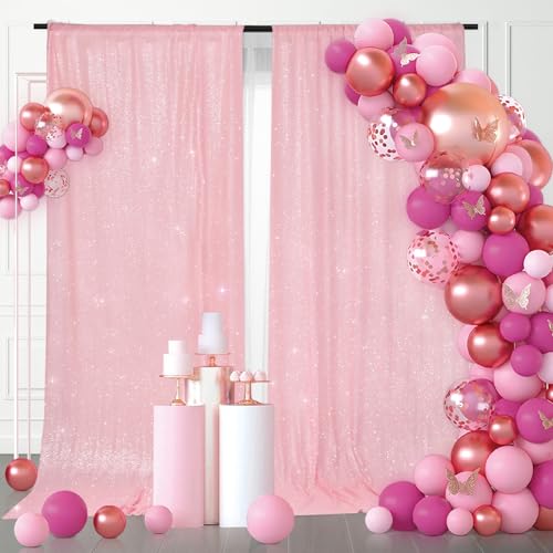 Image of PartyDelight Pink Sequin Backdrop 5x10ft 2 Panels 4 Inch Rod Pocket | Dense 3mm pink sequins on mesh backing with 4 inch rod pocket for wide reception walls head tables stages and layered event
