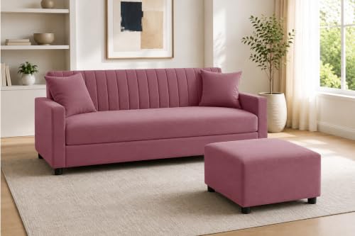 Los Angeles Modern 3-Seater Wooden Sofa Set with Ottoman, Soft Velvet Upholstery, Comfortable Couch for Living Room, Office & Apartment - Rose Pink Co