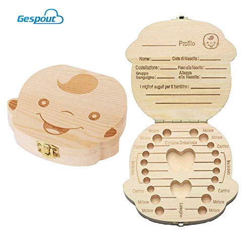 Gespout Scatoletta Porta Dentini Realizzata a Mano in Legno Durevole per Conservare e ricordare con affetto i dentini da Latte del Tuo Bambino 12.5 * 11.5 * 3CM (Italiano)(Ragazzo-Italiano)