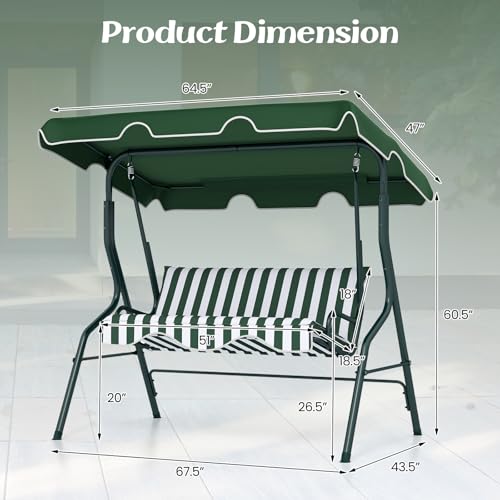 Image of Tangkula 3 Person Porch Swing, Patio Swing with Removable Cushion & Powder-Coated Steel Frame, Outdoor Swing with Canopy for Porch, Backyard, Garden, Balcony (Green)