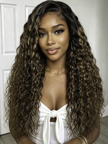 Image of KLAIYI Bye Bye Slip Ombre Highlight Balayage Brown Water Wave Glueless Precut 7x5Lace Front Wigs Human Hair Drawstring Pre Plucked Bleached Knots Dark Roots Curly 3S Ready to Wear and Go Wig 22Inch