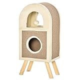 Pawhut Árbol Rascador para Gatos de 2 Niveles con Cueva de Sisal Natural y Felpa Puerta Arqueada Bola de Juguete y 4 Patas Elevadas de Madera 40x34x91 cm Café