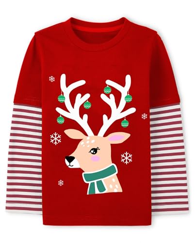 Image of Boys Christmas Tees Girls Dinosaur Tops Stripe Long Sleeve Shirt Kids Truck T-Shirt for Toddler Xmas Gifts 3-9 Years