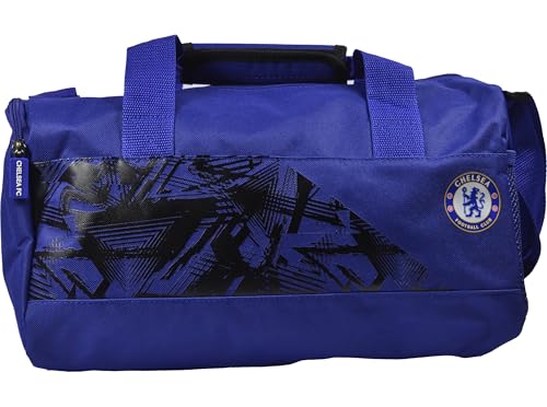 Chelsea FC Official Blue Sports Duffle Bag, Small Size with Club Logo, Geometric Pattern Design, Adjustable Shoulder Strap