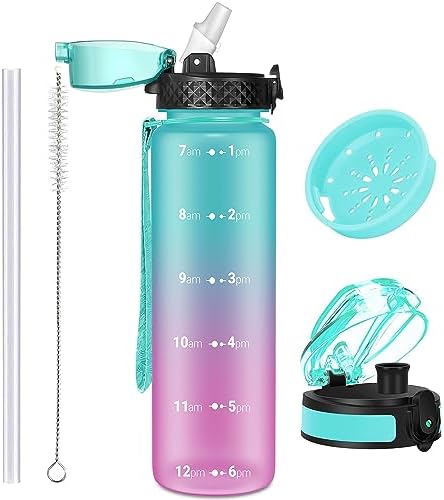 OLDLEY 1L/32oz Sports Water Bottle with 2 Different Lids, 1000ml Motivational Drinks Bottle with Time Markings Leak Proof Drink & Lock Cover, BPA Free for Gym School Cycling Running Hiking