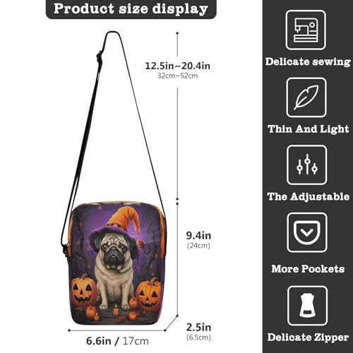Crossbody Bag Pug Dog Halloween Pumpkin Messenger Bag for Women Men Purse Shoulder Bag Satchel Bag with Adjustable Strap 202a10753