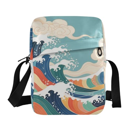 Retro Japanese Colorful Waves mens messenger bag Crossbody Small Bag For Women Woman Cross Body Purse Adjustable Strap for work Travel