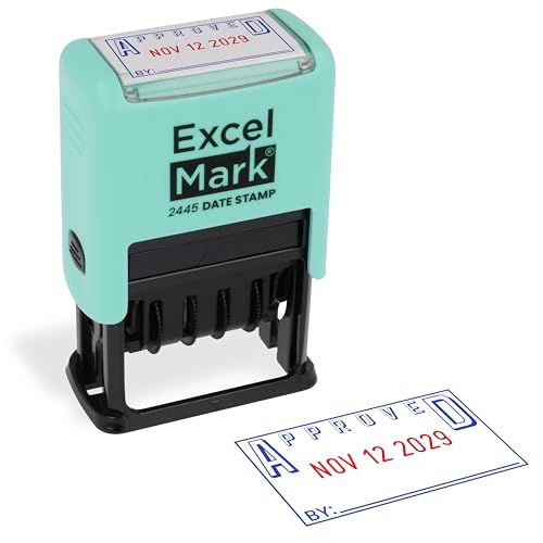 ExcelMark 2445 Date Stamp with Text - Blue and Red Ink (Seafoam Mount, Approved)