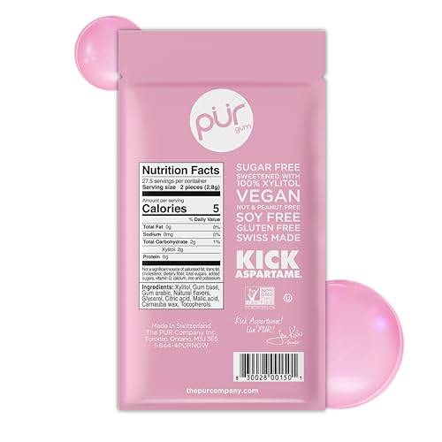 Image of PUR Gum | Aspartame Free Chewing Gum | 100% Xylitol | Natural Bubblegum Flavored Gum, 55 Pieces (Pack of 12)