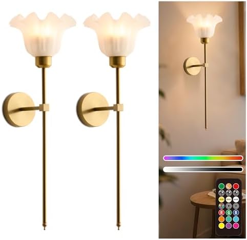 Flower Battery Operated Wall Sconce Set of 2,Rechargeable Wall Lights with 5400mAh Dimmable Bulbs and Remote,12 Colors Wireless Wall sconces,Wall Lamps for Bedroom Living Room Hallway Wall Decor(Gold)