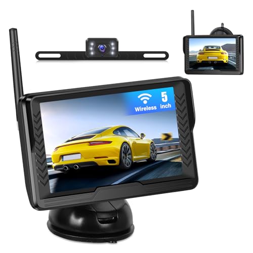 CAMECHO 5 Pulgadas Cámara de Marcha atrás inalámbrica para Coche con Pantalla,Impermeable,visión Nocturna Camara Trasera Kit con DIY Ayuda de Marcha atrás y Flip de Imagen para Minivans SUV