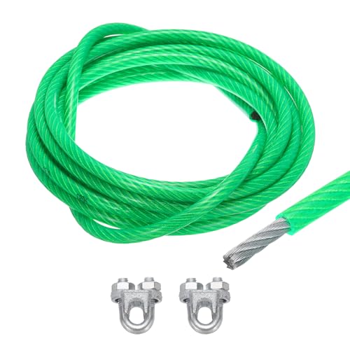 Sourcing Map 12mm (1/2 inch) Green Vinyl Coated Steel Wire Rope, 6m /20ft with 2PCS M12 Loop Sleeves for String Light Hanging, Deck Railing, Garden Wire