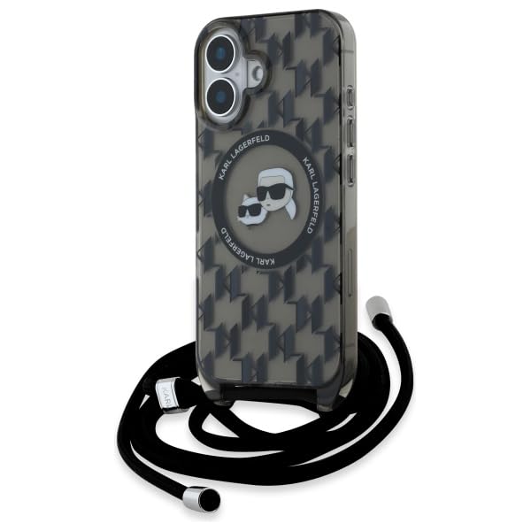 CG Mobile Karl Lagerfeld KLHMP16SHCKCKLCK Coque pour iPhone 16 6,1" Noir Produit sous Licence IML Crossbody Monogramme Karl & Choupette Head Compatible avec MagSafe